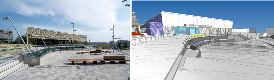 Nuevo edificio de viajeros de la estación de Santiago de Compostela: vista del acceso exterior