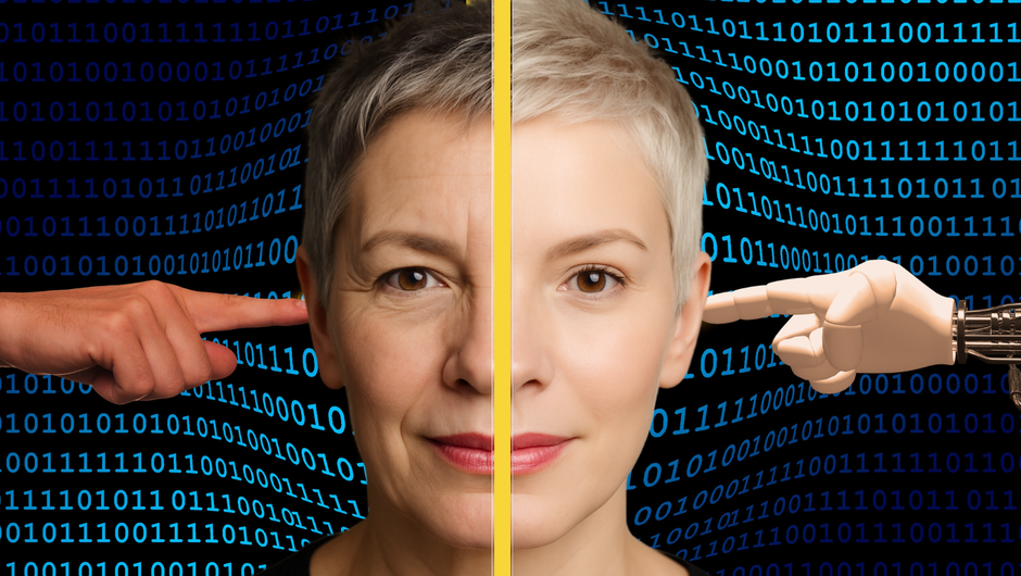 Portrait einer 59-jährigen Frau mit Pixie-Cut – links natürliche Gesichtshälfte mit sichtbaren Linien und Charakter, rechts KI-bearbeitete Seite mit geglätteter Haut. Das Bild zeigt den Kontrast zwischen Echtheit und digitaler Optimierung.