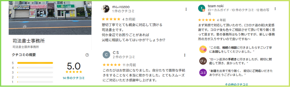 司法書士藤井事務所の口コミは、実際に事務所にご来所・無料相談・依頼をした方のリアルな口コミで高評価をいただいています