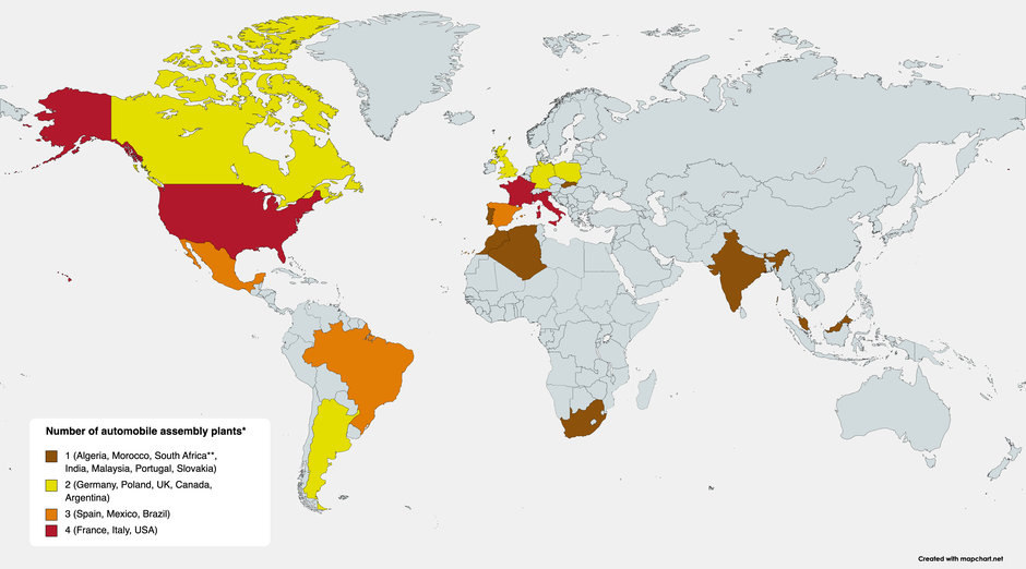 Countries in which Stellantis has automobile assembly plants, sorted by the number of plants in each country (image created with mapchart.net)