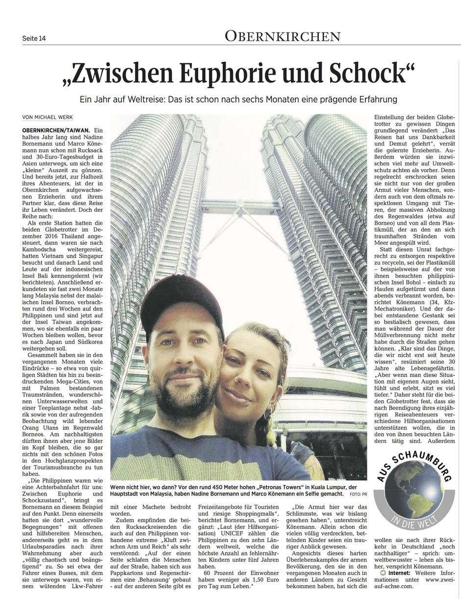 Zwei auf Achse, Petronas-Tower, Kuala Lumpur, Marco Könemann, Nadine Bornemann, Schaumburger Nachrichten, Abenteuer
