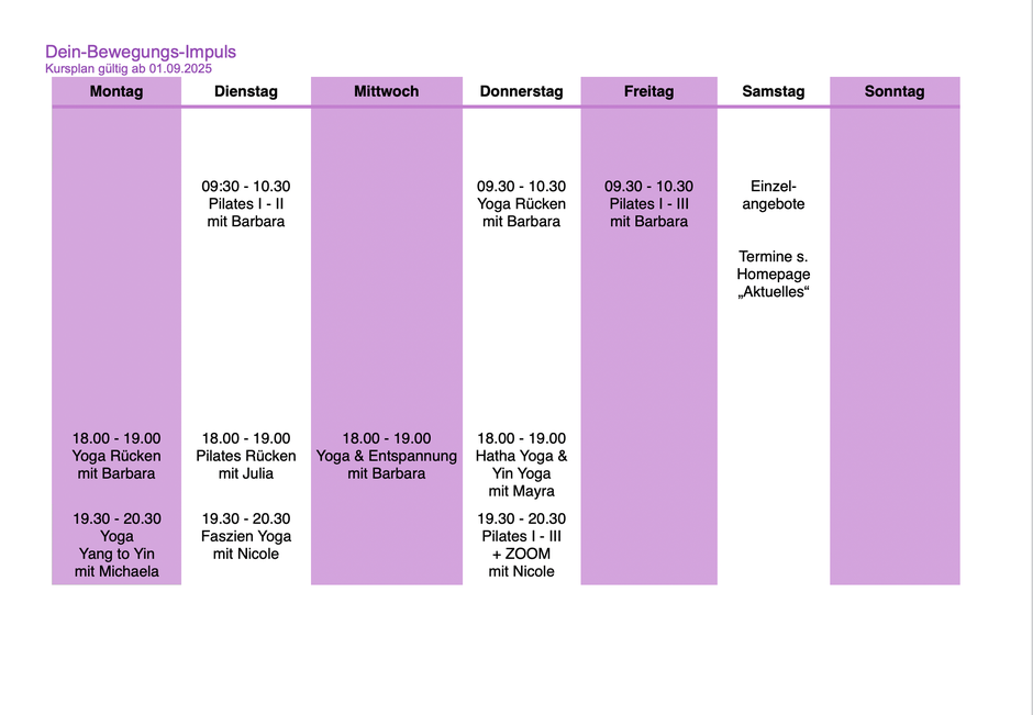Kursplan Yoga Weinstadt Waiblingen