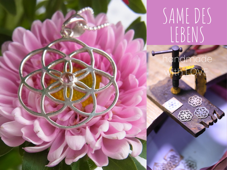 Filigrane Silberkette mit handgefertigten Same des Lebens Anhänger und rosa Turmalin in Silber 