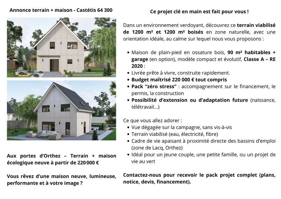 Projet terrain + maison, terrain à moins de 50 000 €, construire dans le 64, terrain à vendre, terrain à bâtir
