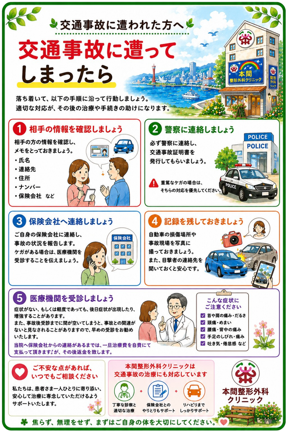 交通事故に遭った際の対応手順（神戸市兵庫区の整形外科による解説）相手情報の確認・警察への連絡・保険会社への連絡・事故状況の記録・医療機関の受診の流れ