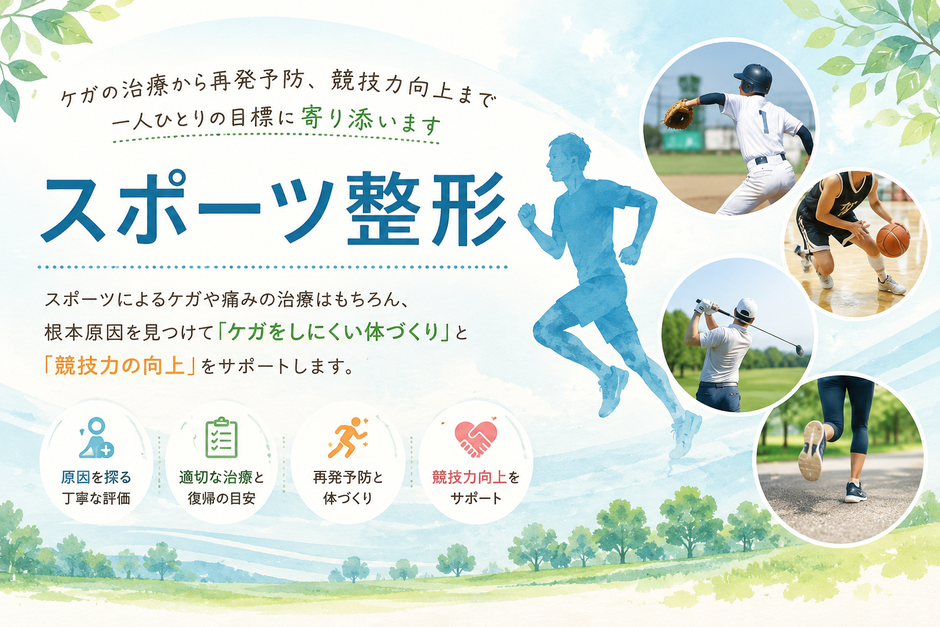 alt="スポーツ整形外科の診療イメージ。野球・バスケットボール・ゴルフ・ランニングなどのスポーツによるケガや痛みに対し、治療から再発予防、競技力向上までをサポートする本間整形外科クリニックのスポーツ整形バナー"