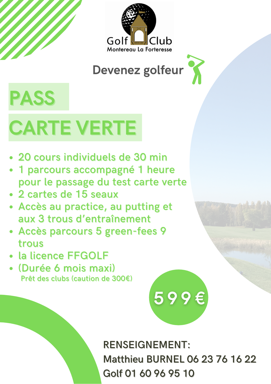 Vous apprendrez les règles de comportement, l'essentiel des règles de jeu, les acquis techniques suffisants pour jouer seul sur un « vrai » parcours, en toute sécurité, et sans gêner les autres, à bon rythme. pass carte verte. débuter le golf à 60 ans.