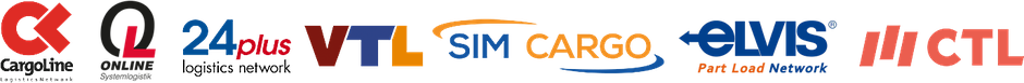Man sieht die acht Logos der Kooperations-Partner: Cargo Line, Online-Systemlogistik, 24 plus, VTL, SIM CARGO, elvis und CTL