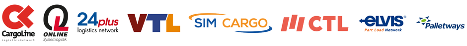 Man sieht die acht Logos der Kooperations-Partner: Cargo Line, Online-Systemlogistik, 24 plus, VTL, SIM CARGO, elvis, CTL und Palletways