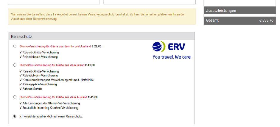 Einbindung der ERGO Reiseversicherung (ERV) bei easybooking