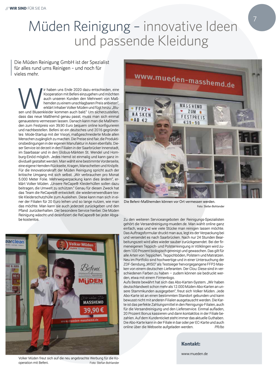Versandreinigung-mueden.de, Pressebericht, Saarbrücker Zeitung Befeni Masshemd