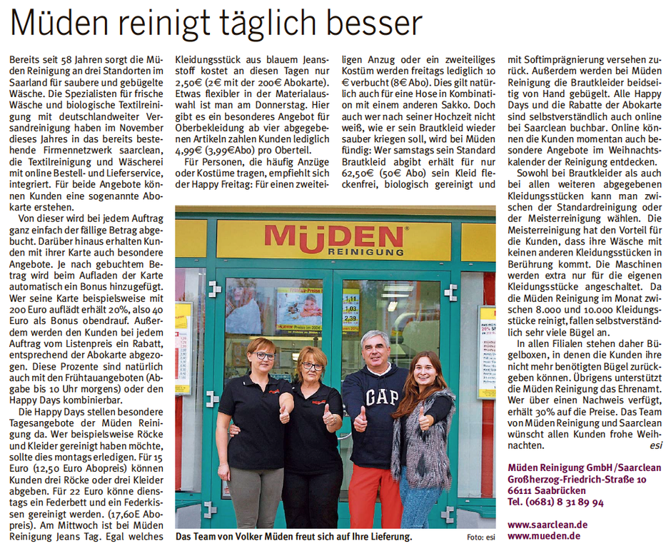 Versandreinigungmueden.de Pressebericht, Bild und Text City Journal vor Saarbasar mit Sarah