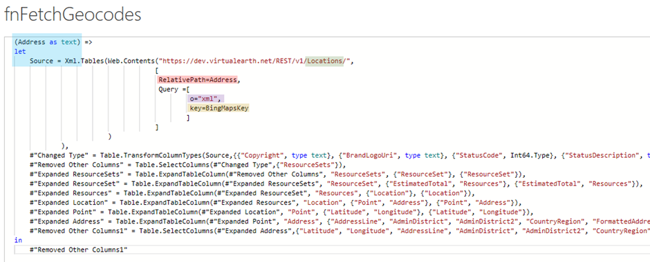 Fetching geocodes from Bing Maps API using Power BI, Power Query and M-Code