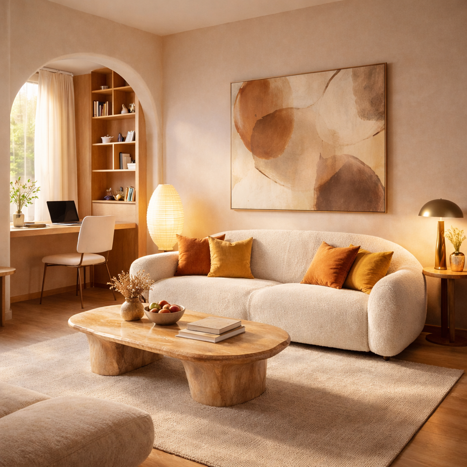 salon aménagé, confortable avec un canapé confortable, un bureau donnant sous une fenêtre, une lumière douce et un tableau abstrait au mur.