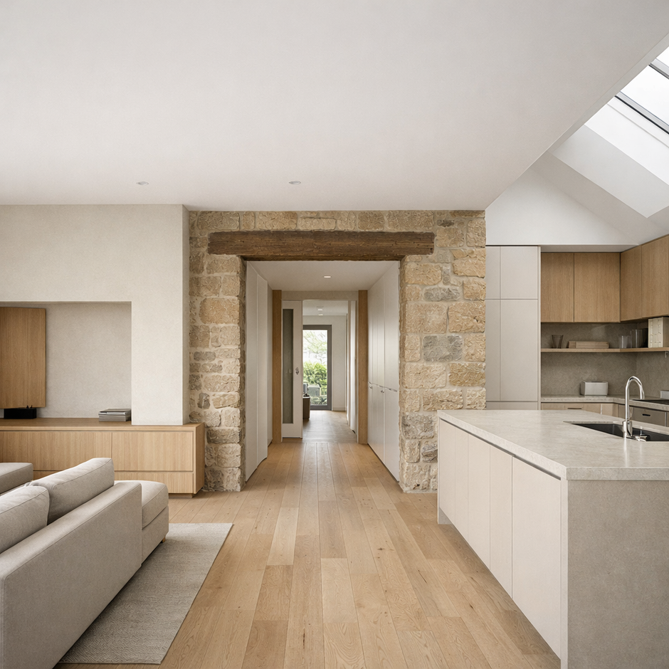 appartement sous les toits, avec un salon et canapé, cuisine avec ilot central et couloir donnant sur une chambre