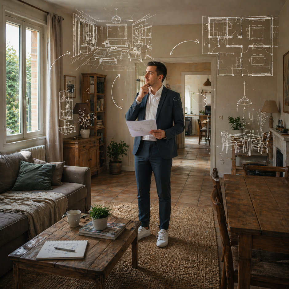 Architecte d’intérieur dans une maison existante, analysant un projet de rénovation avec croquis et plans d’aménagement en surimpression