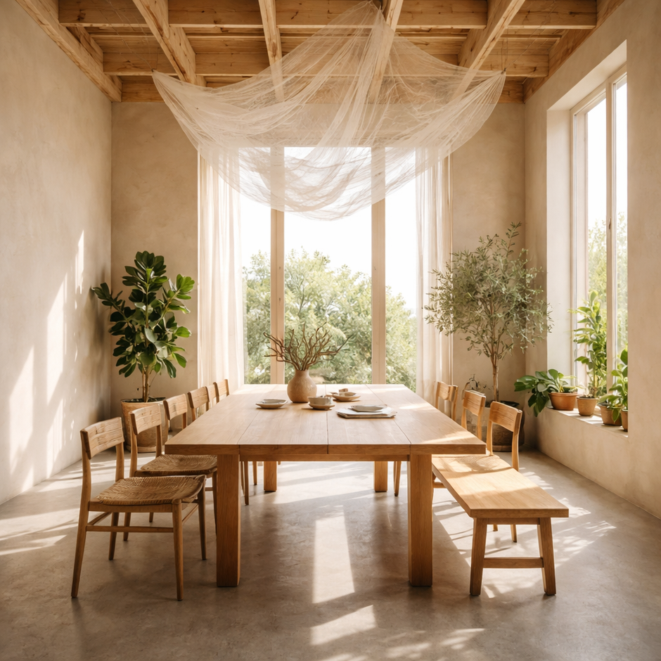 Atelier d’architecture intérieure baigné de lumière avec éléments poétiques évoquant l’IA.