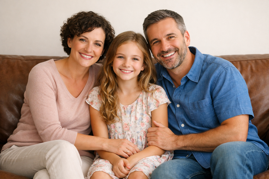 Famille heureuse bien chez eux avec leurs enfant, dans un environnement agréable, ils se sentent chez eux, ils sont bien. Dans leur habitation à Morlaix ou proche de Morlaix dans le Finistère en Bretagne.