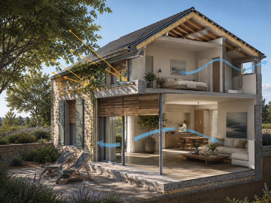 Coupe d’une maison montrant l’action de l’ombre, des protections solaires, de l’isolation et de la circulation de l’air pour mieux vivre la chaleur.