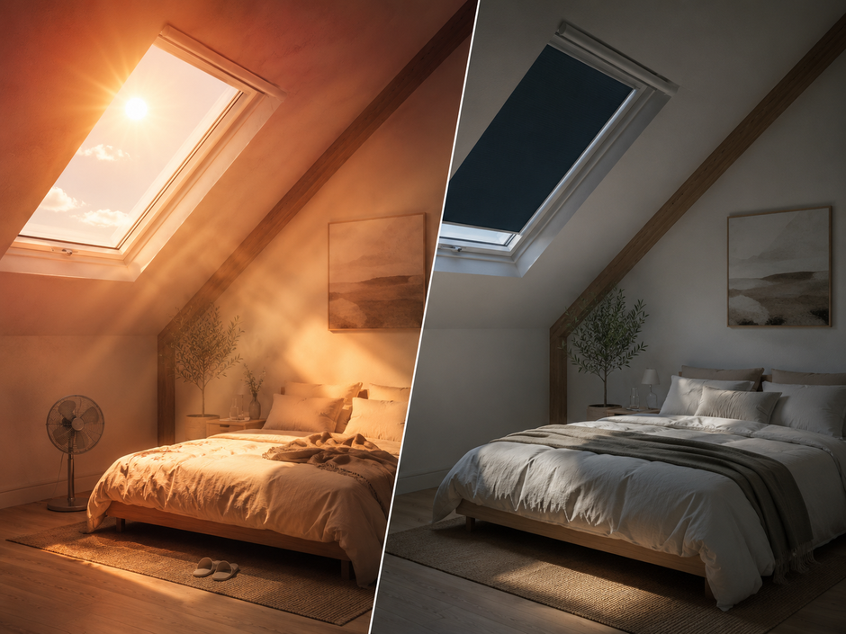 Comparaison entre une chambre sous combles surchauffée par le soleil et une chambre protégée par un store occultant de fenêtre de toit.