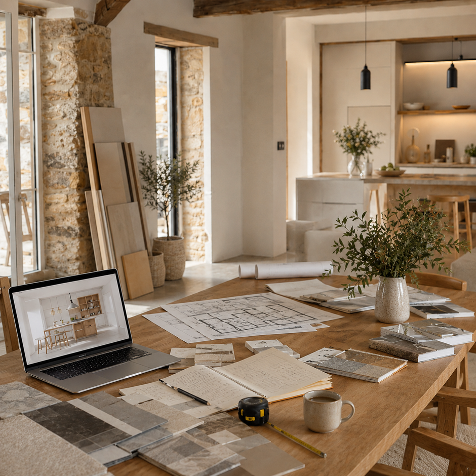 Plans, échantillons de matériaux et outils de conception pour préparer le coût d’un projet de rénovation avec un architecte d’intérieur.