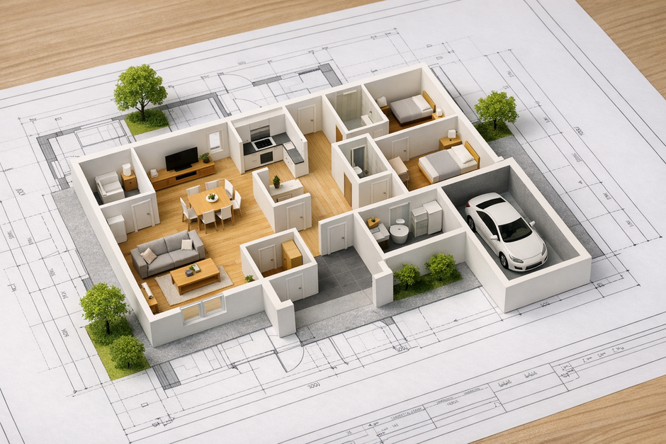 Plan 3D d’une maison avec séjour, cuisine, chambres, salle de bain, garage et disposition détaillée des pièces sur plan architectural