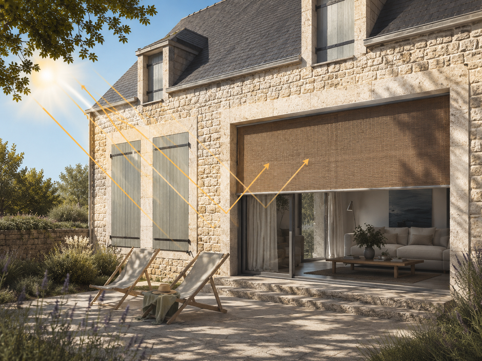 Protections solaires extérieures et volets d’une maison en pierre qui limitent l’entrée directe du soleil dans le séjour.