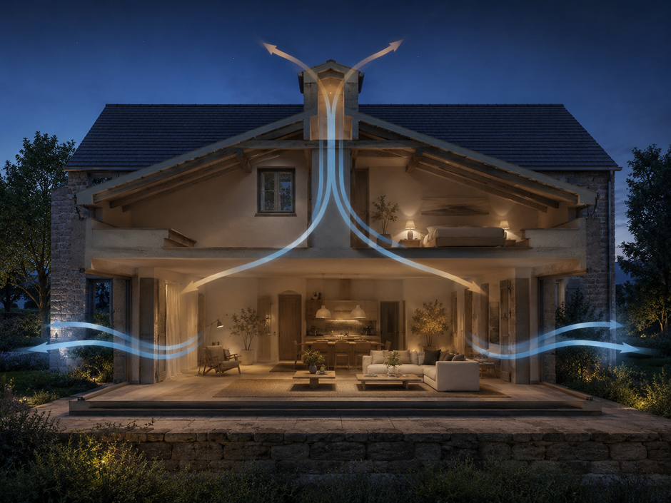 Maison ouverte la nuit avec circulation d’air entre les fenêtres et évacuation de la chaleur par le haut du logement.