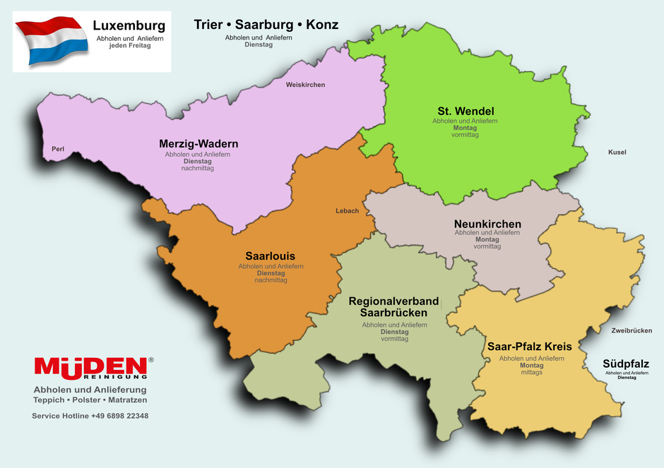 Teppichreinigung-mueden.de, Startseite, Bild vom Saarland mit Anlieferungsdaten