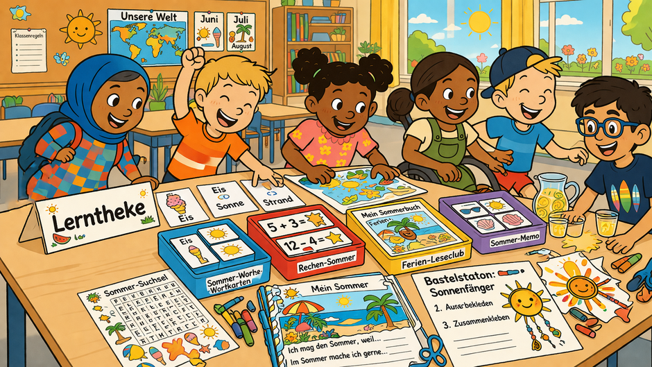 Kinder an einer Lerntheke für die Grundschule