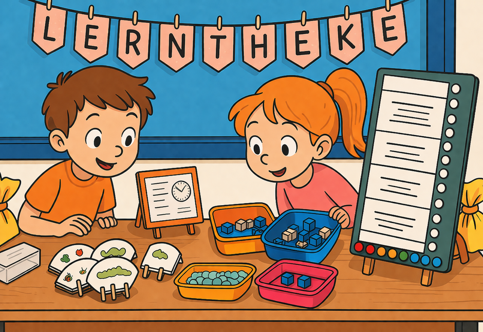 Kinder an einer Lerntheke für die Grundschule
