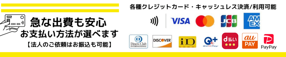 各種クレジットカード・キャッシュレス決済 ・利用可能　-　急な出費も安心　-　お支払方法が選べます：VISA　Master　JCB　AMEX　QuickPay　ｄ払い　auPAY　PayPay