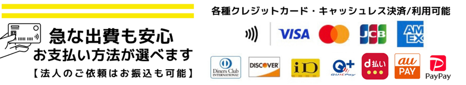 各種クレジットカード・キャッシュレス決済 ・利用可能　-　急な出費も安心　-　お支払方法が選べます：VISA　Master　JCB　AMEX　QuickPay　ｄ払い　auPAY　PayPay