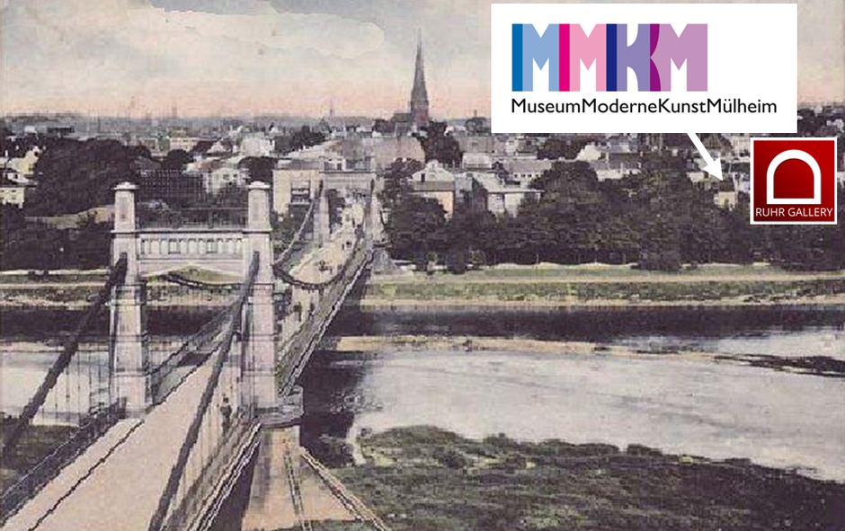 Alte Stadtansicht von Mülheim mit Kettenbrücke und dem Standort (Pfeil) der Villa Artis / RuhrGallery / MMKM Museum Moderne Kunst Mülheim