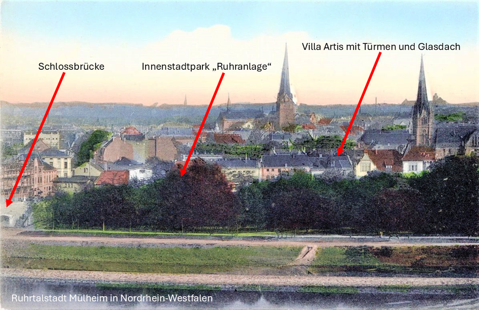 Alte Postkarte der Ruhrtalstadt Mülheim mit #VillaArtis Paulikirche rechts - Mitte Petrikirche Fabrikkanal Ruhr und Schlossbrücke