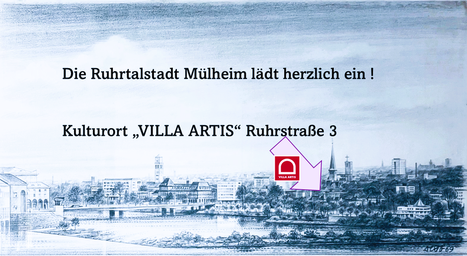 Wunderbares Panorama des rechten Ruhrufers der Stadt Mülheim an der Ruhr mit Schlossbrücke, Rathausturm, Petrikirche, Wasserbahnhof und Villa Artis Originalzeichnung von Daniel Traub aus dem MMKM Museum Moderne Kunst Mülheim an der Ruhrstraße 3 / Delle