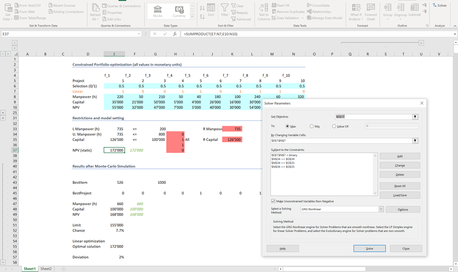 Monte Carlo Excel Simulation Linear optimization MC FLO