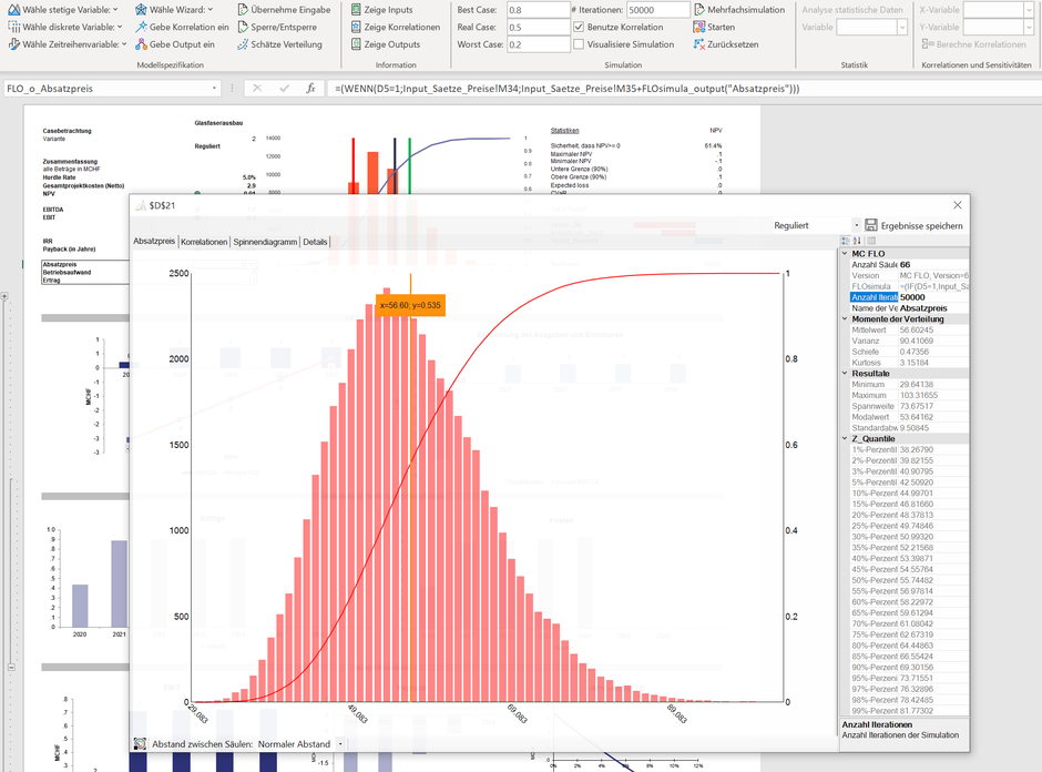 Monte Carlo Simulation Excel MC FLO Business Case Histogramm Korrelationen