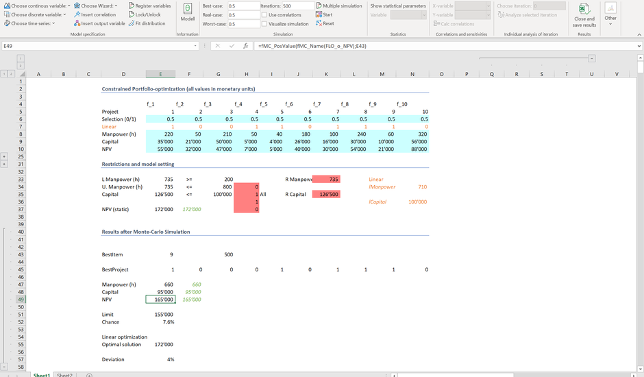 Monte Carlo Excel Simulation Linear optimization MC FLO