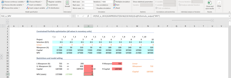 Monte Carlo Excel Simulation Linear optimization MC FLO