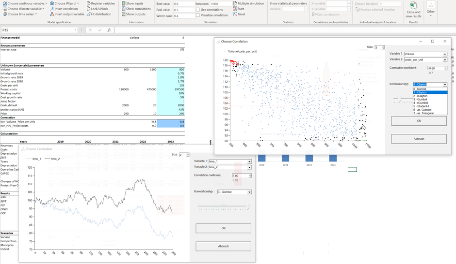 MC FLO Excel Monte Carlo Simulation copula clayton gumbel correlation