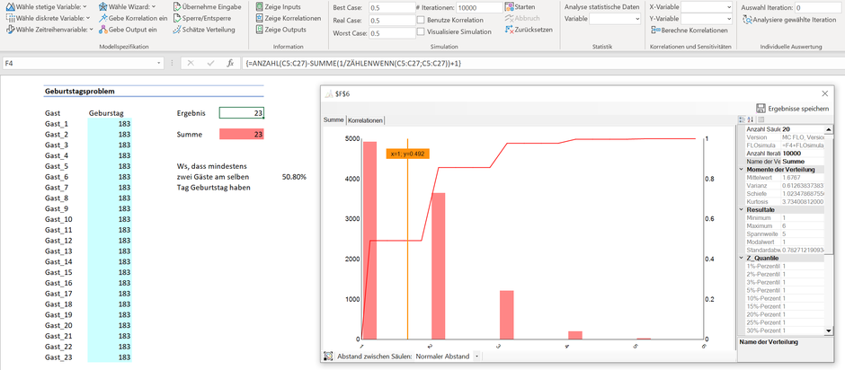 MC FLO Excel Monte Carlo Simulation Geburtstagsproblem Design Tests