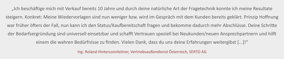 Teilnehmer Stimme und Kundenfeedback für Verkaufstrainer Thomas Pelzl nach einem Verkaufstraining