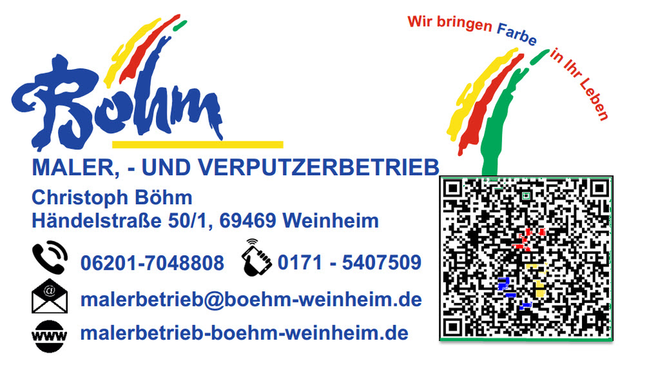 Vistenkarte Maler-und Verputzerbetrieb Böhm in der Händelstraße 50/1 in 69469 Weinheim