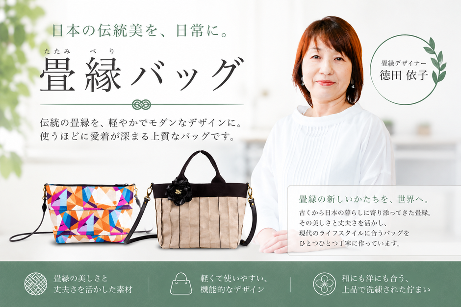 畳縁バッグ　朝倉市　畳縁デザイナー　徳田依子　雑貨　徳田畳襖店