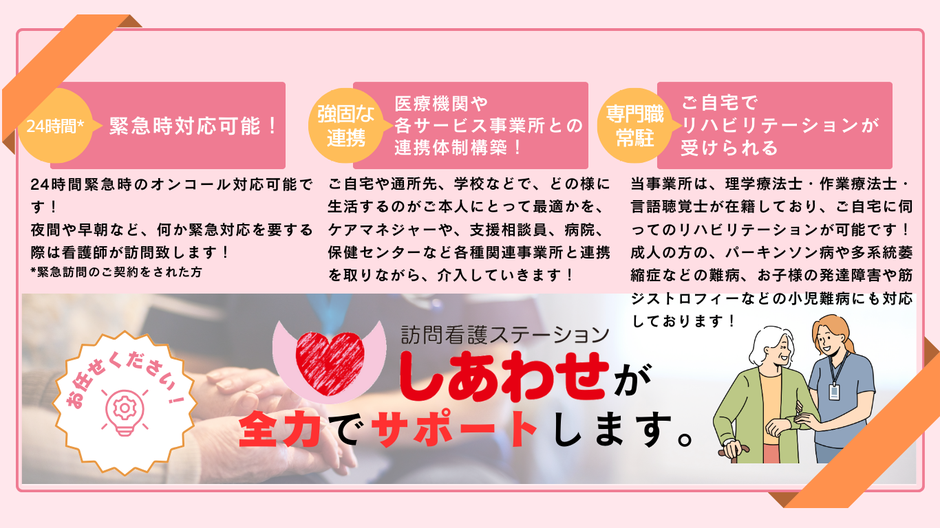 24時間緊急対応可能　医療機関やサービス事業所との連携体制構築　ご自宅でリハビリテーションが受けられる