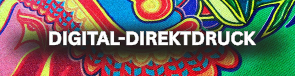 Farbintensiver Digitaldirektdruck auf Stoff mit detailreichem, mehrfarbigem Motiv in Rot, Blau, Gelb, Grün, mit der Überschrift "Digital-Direktdruck"  