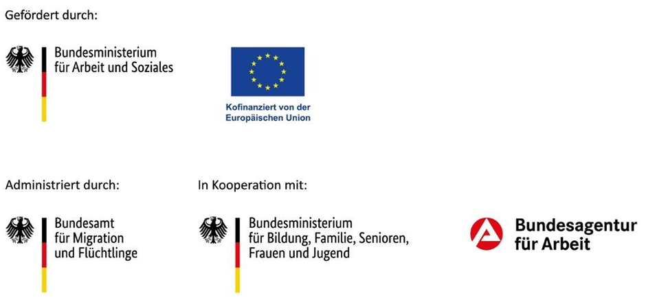 Förderlogo BMAS, Kofinnaziert von der Europäischen Union; Adminstiert durch BAMF, in Kooperation mit BMBFSFJ und Bundesagentur für Arbeit