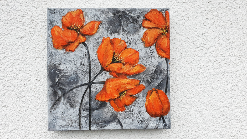 "Orange  Mohnblume" Acryl auf Leinwand/Strukturpaste und andere/Mischtechnik - 30x30x4 cm verkauft