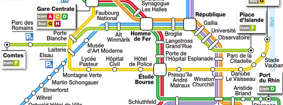 Mapa de la red del tranvía de Estrasburgo con todas las líneas y paradas principales